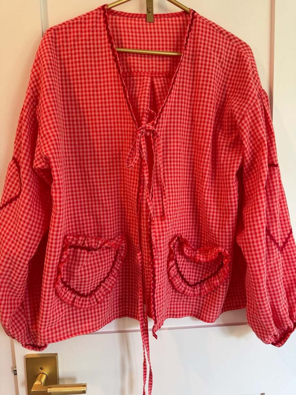 Red Gingham Blouse With Heart Pockets And Tie Front
